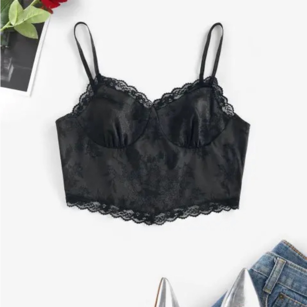 ZAFUL Jacquard Lace Trim Zip Crop Bralette Top- Black